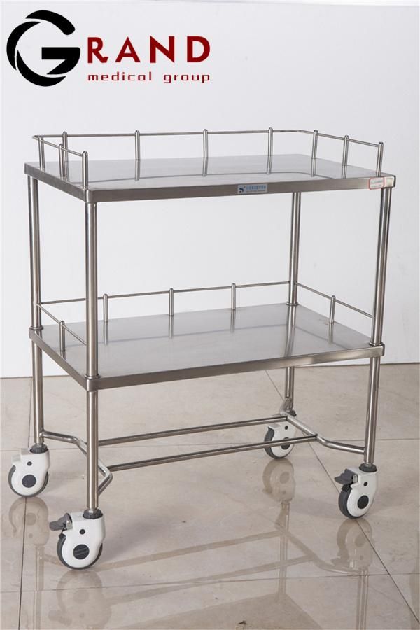 Stainless Steel Surgical Instrument Medical Tray Mobile Instrument Trolley/Cart for Hospital Furniture with Mute Wheels Multifunction 2 Layers