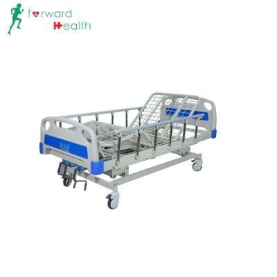 3 Cranks Manual Hospital Bed Medical Patient Bed with ABS Plastic Side Rails Wheels