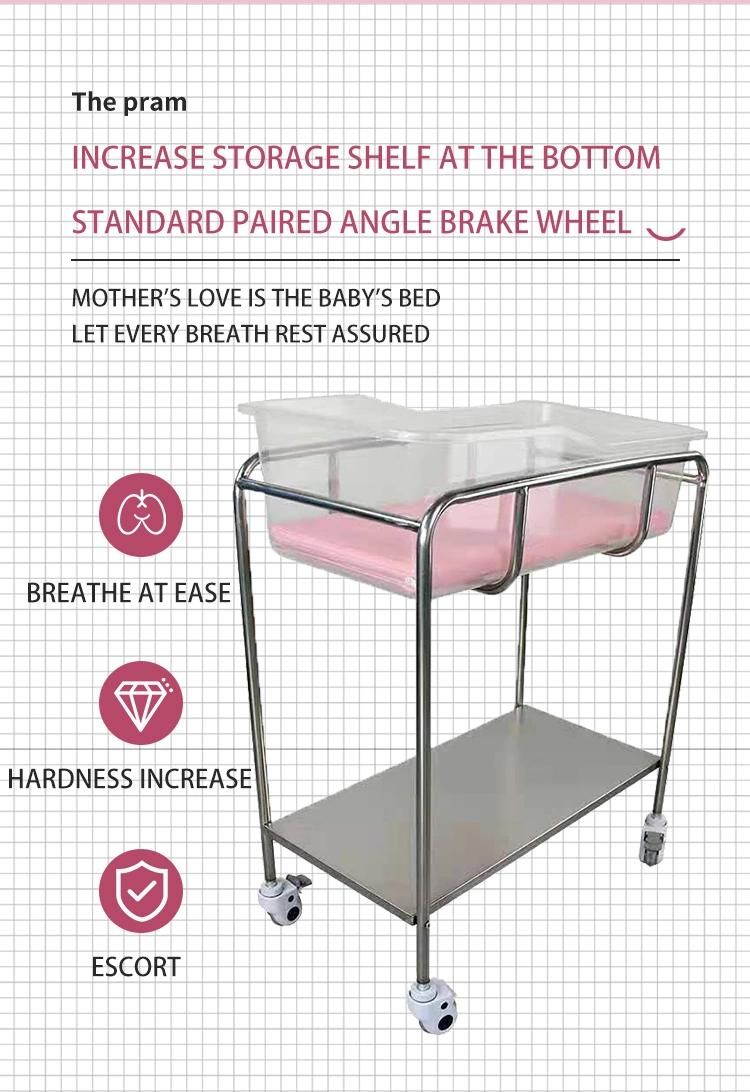 Hospital Medical Stainless Steel Frame Wheels with Cross Brake Portable Newborn Baby Trolley/Cart Cot Bed /Cribs/Bassinet