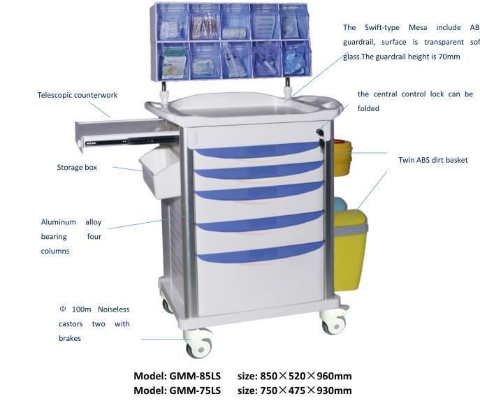 Muti Function Medical ABS Plastic Anesthesia Trolley of Hospital Furniture/ Hospital Furniture Medical Equipment Size Customized