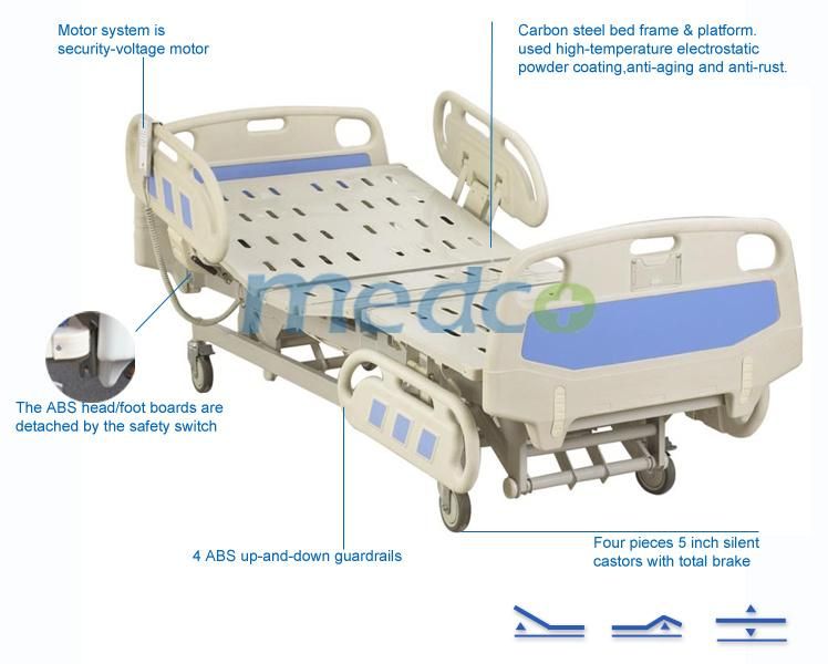 Hot Sell Medical Equipment Three Functions Electric Hospital Bed with Castors