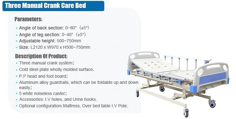 Medical Equipments Metal 3 Crank Manual Hospital Bed Electrical Bed