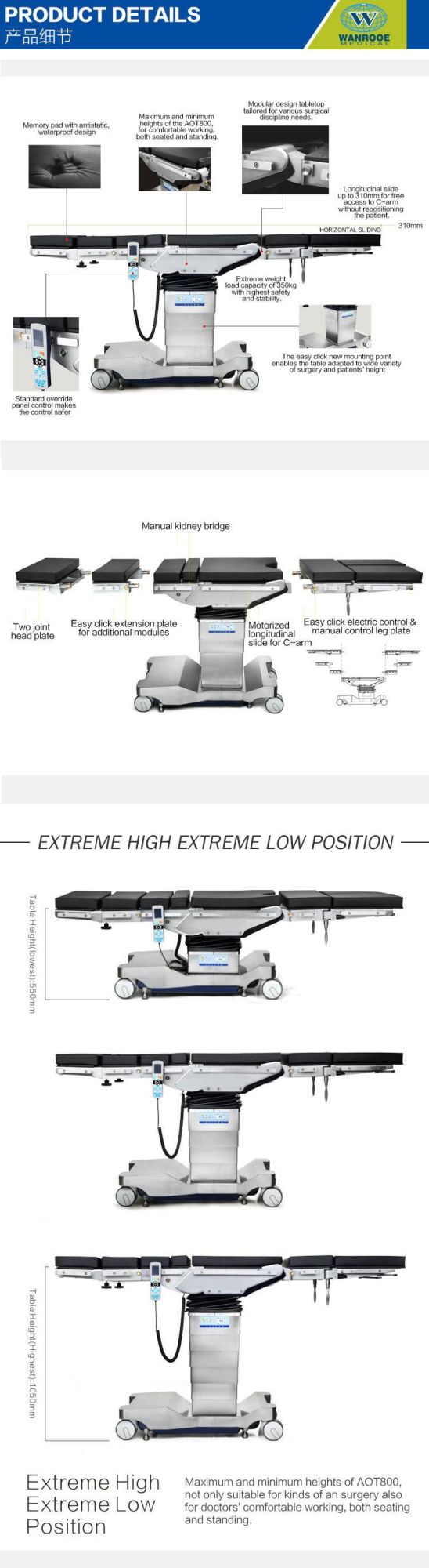 Aot800 Medical Stainless Steel Xray Operating Surgical Room Theater Operation Table