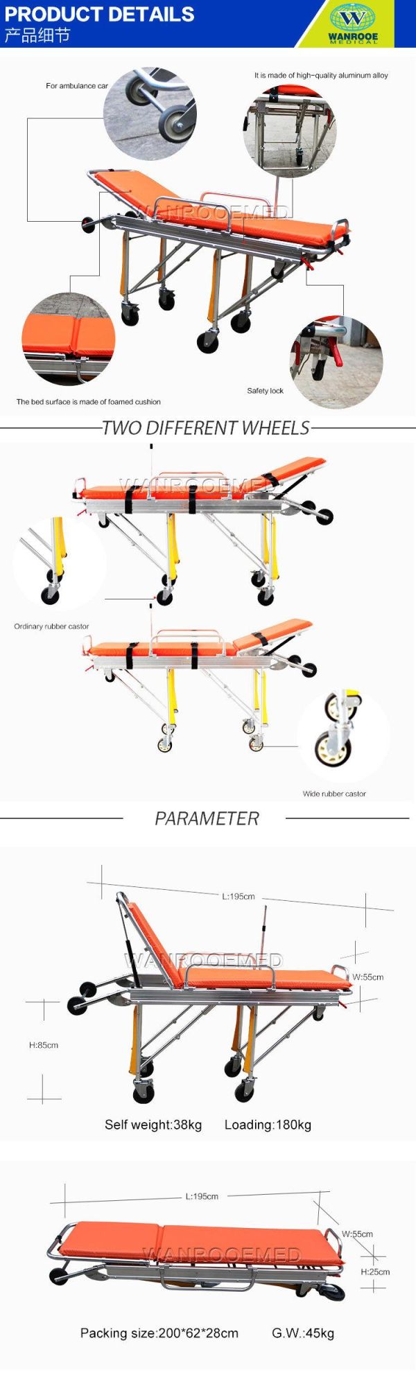 Ea-3A Medical Portable Emergency Aluminum Alloy Ambulance Stretcher Trolley