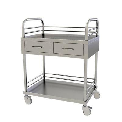 Two-Layer 2 Drawers Stainless Steel Emergency Medical Trolley Hospital Treatment Trolley