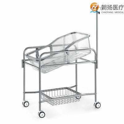Medical Equipment Stainless Steel Baby Crib Cot with Acrylic Basin Baby Trolley for Born Baby
