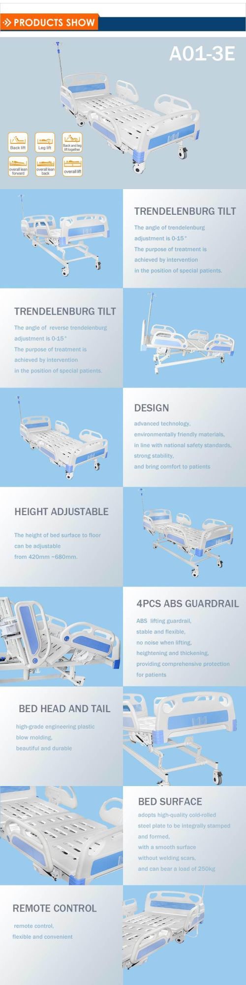Five 5-Function Electric Nursing Care Equipment Medical Furniture Clinic ICU Patient Hospital Bed