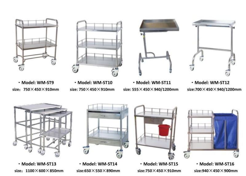 Clinic Furniture Stainless Steel Medical Tray Mobile Stand Surgical Mayo Table Medical Medicine Trolley with Lockable Wheels