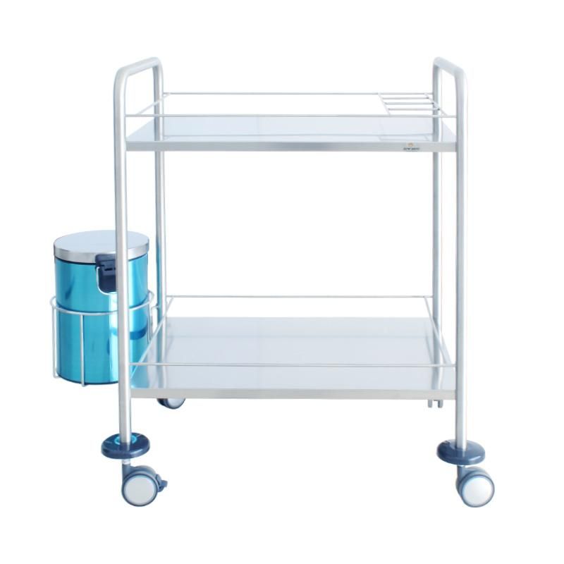 HS6153b Stainless Steel Double Shelf Medical Instrument Trolley Cart with a Dustbin