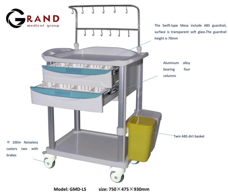 Hospital ICU Medical Emergency Infusion Pump Equipment ABS Trolley Medical Trolley for Infusion Bottles with Two Shelves Infusion Cart