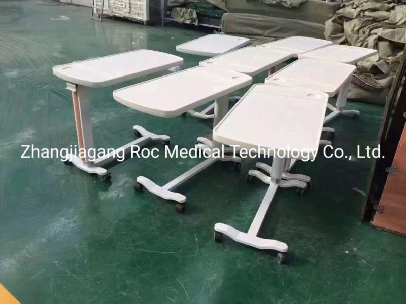 Stainless Steel Column Hospital Furniture Medical Overbed Table with Wheels