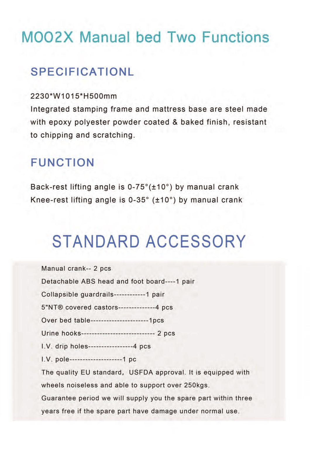 Medical Equipment Two Function Manual Hospital Bed ABS Head Aluminium Folding Siderails