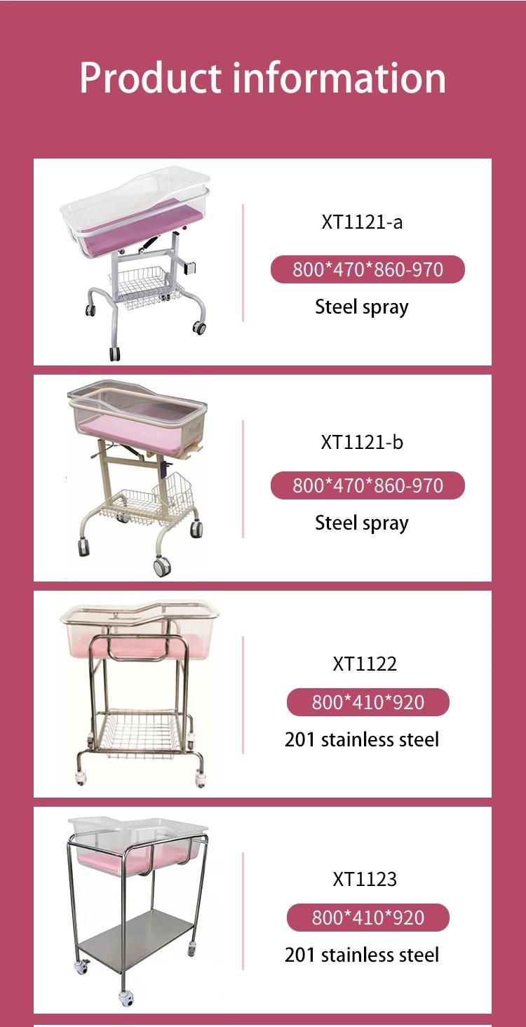 Hospital Medical Stainless Steel Frame Wheels with Cross Brake Portable Newborn Baby Trolley/Cart Cot Bed /Cribs/Bassinet