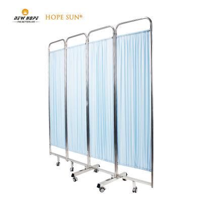HS5709 Hospital Stainless Steel Curtain 4 Foldable Medical Ward Screen with Castors