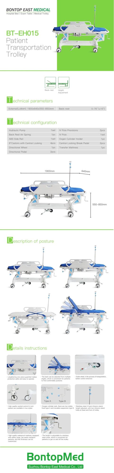 Hospital Patient Plastic Transfer Trolley ABS Emergency Trolley Manual Hospital Stretcher Bed Trolley