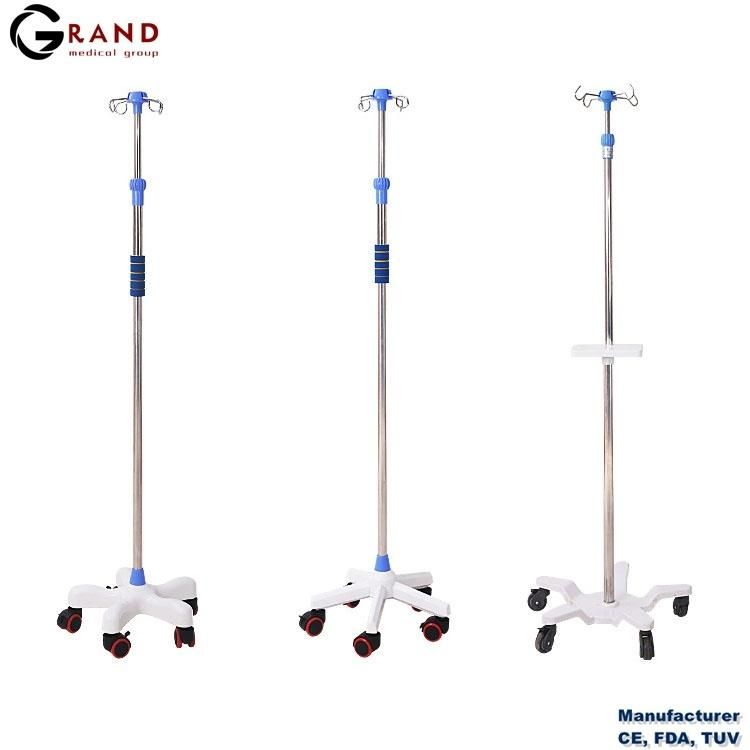 Medical Infusion Stand Manufacture Height Adjustment Stainless Steel Hospital IV Stand with Tray