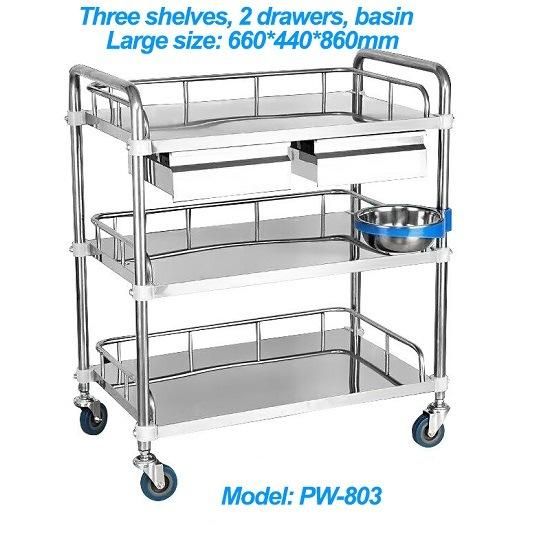 Hospital Medical Three Shelves Stainless Steel Mobile Trolley (PW-803)