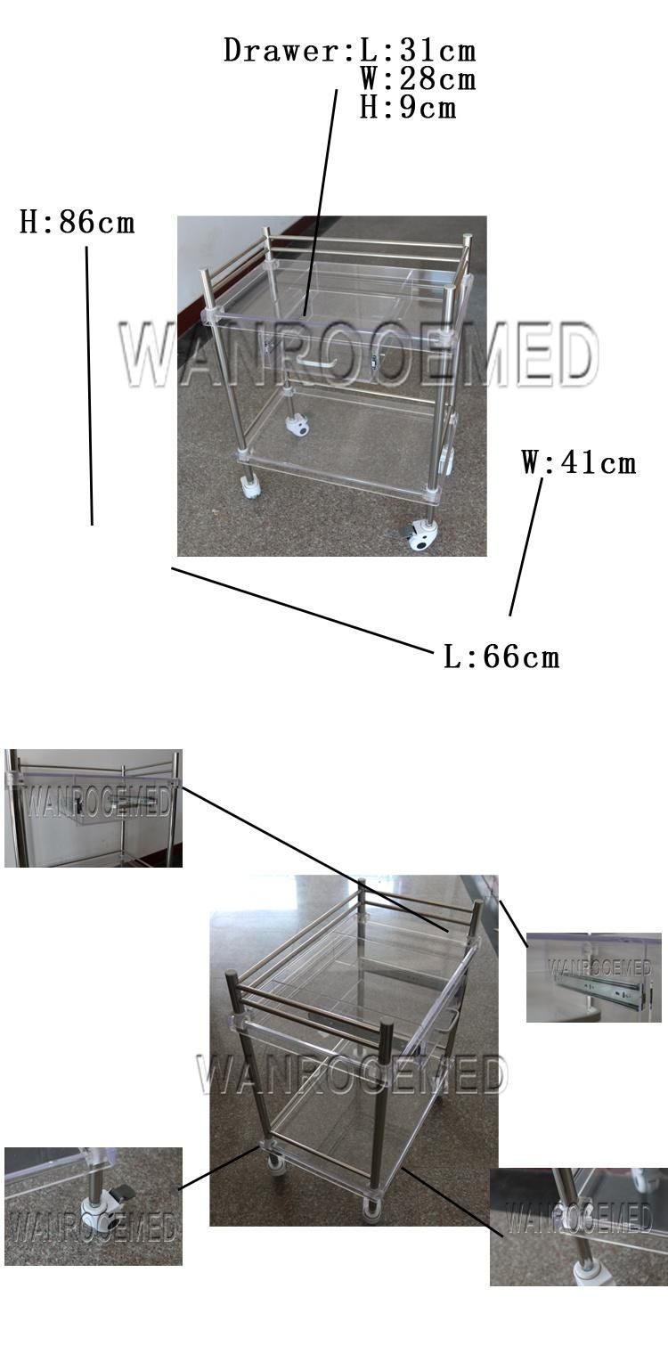 Bss200e Medical Equipment Stainless Steel+Acrylic Hospital Trolley with One Drawer