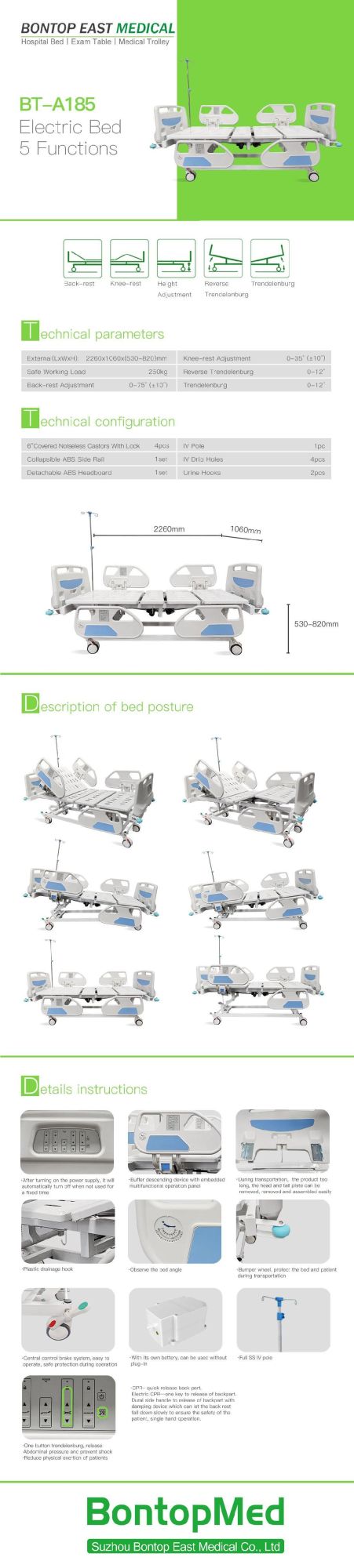 Hospital Five Functions ICU Electrical Adjustable Patients Nursing Care Bed