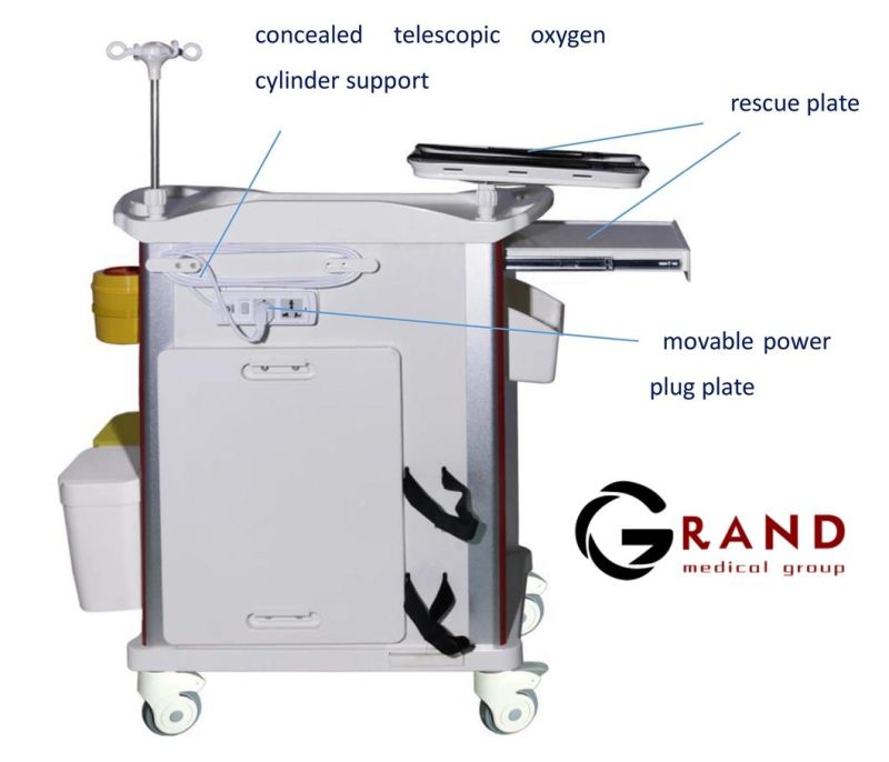 New Durable ABS Emergency Hospital Medical Cart Mobile Trolley for Sale Hospital Emergency Medicine ABS Instrument Trolley with Infusion Stand