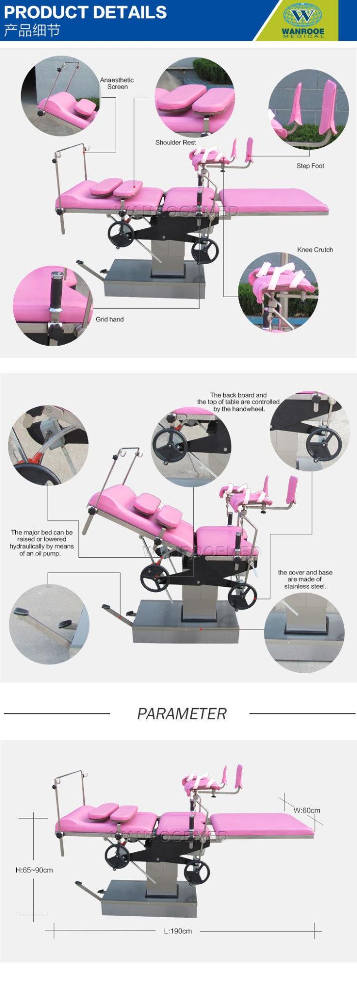 Hospital Used Stainless Steel Gynecology Surgical Operation Examination Delivery Table