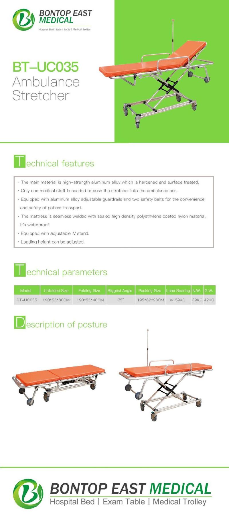 Aluminum Alloy Emergence Ambulance Medical Foldable Stretcher for First-Aid