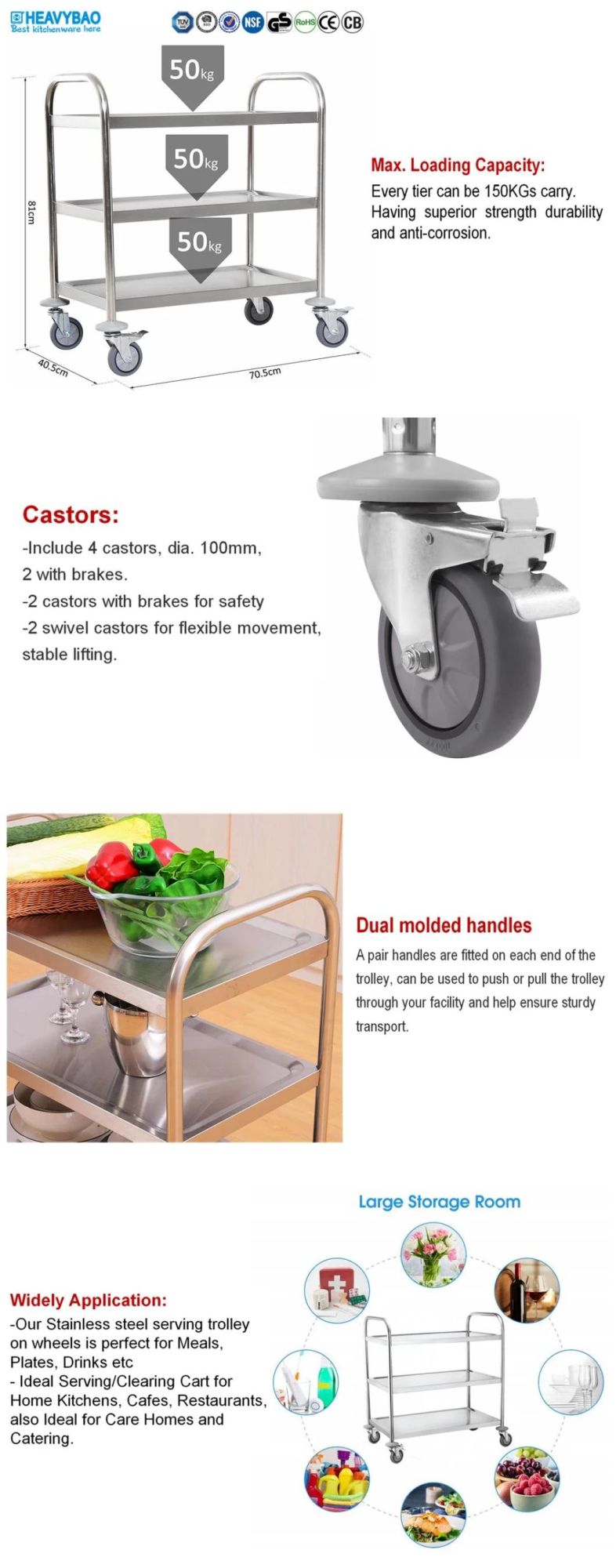 Heavybao Hotel Stainless Steel 2-Tier Round Tube Serving Trolley Cart
