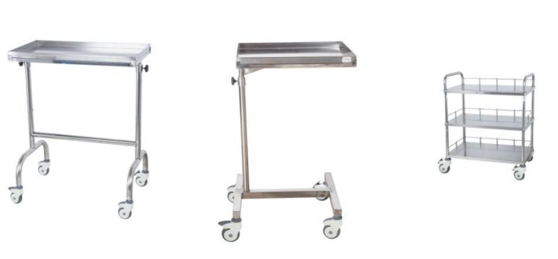 Clinic Furniture Stainless Steel Medical Tray Mobile Stand Surgical Mayo Table Medical Medicine Trolley with Lockable Wheels