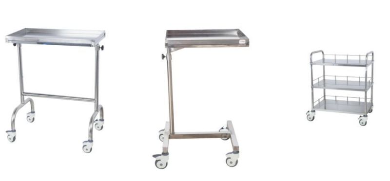 Clinic Furniture Stainless Steel Medical Tray Mobile Stand Surgical Mayo Table Medical Medicine Trolley with Lockable Wheels