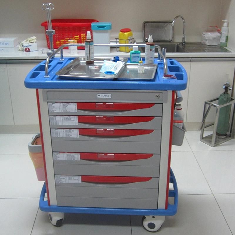 Hospital ABS Emergency Cart with Different Height Slot Drawers and CPR Board Cable Holder