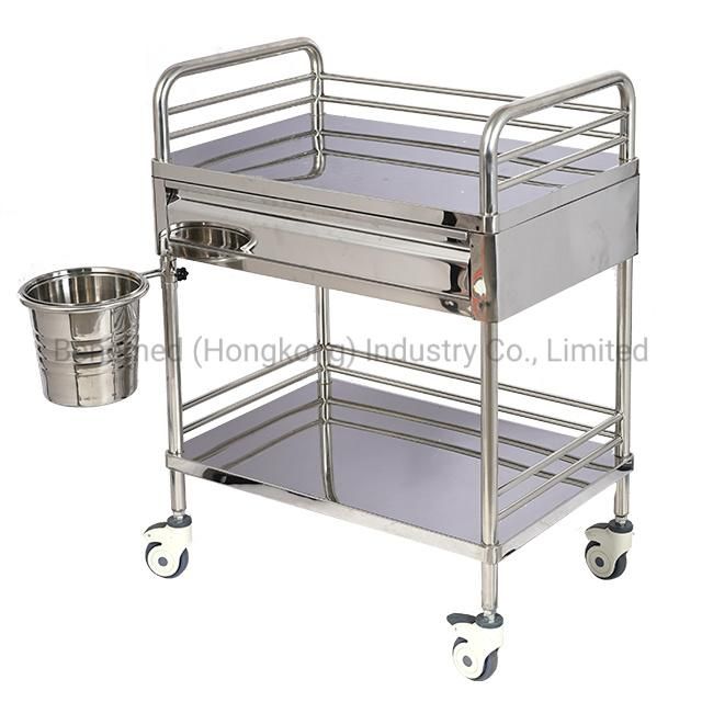 Two Layers with Drawer Stainless Steel Medical Mobile Trolley Cart