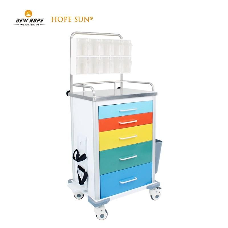 HS6609 Mobile Medical Drug Storage Trolley Colorful Drawer Anesthesia Trolley with a Chest Board