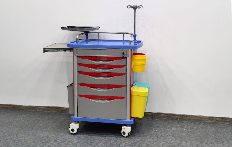 Cheap Hospital ABS Plastic Mobile Emergency Trolley Medical Resuscitation Crash Cart with 5 Drawers