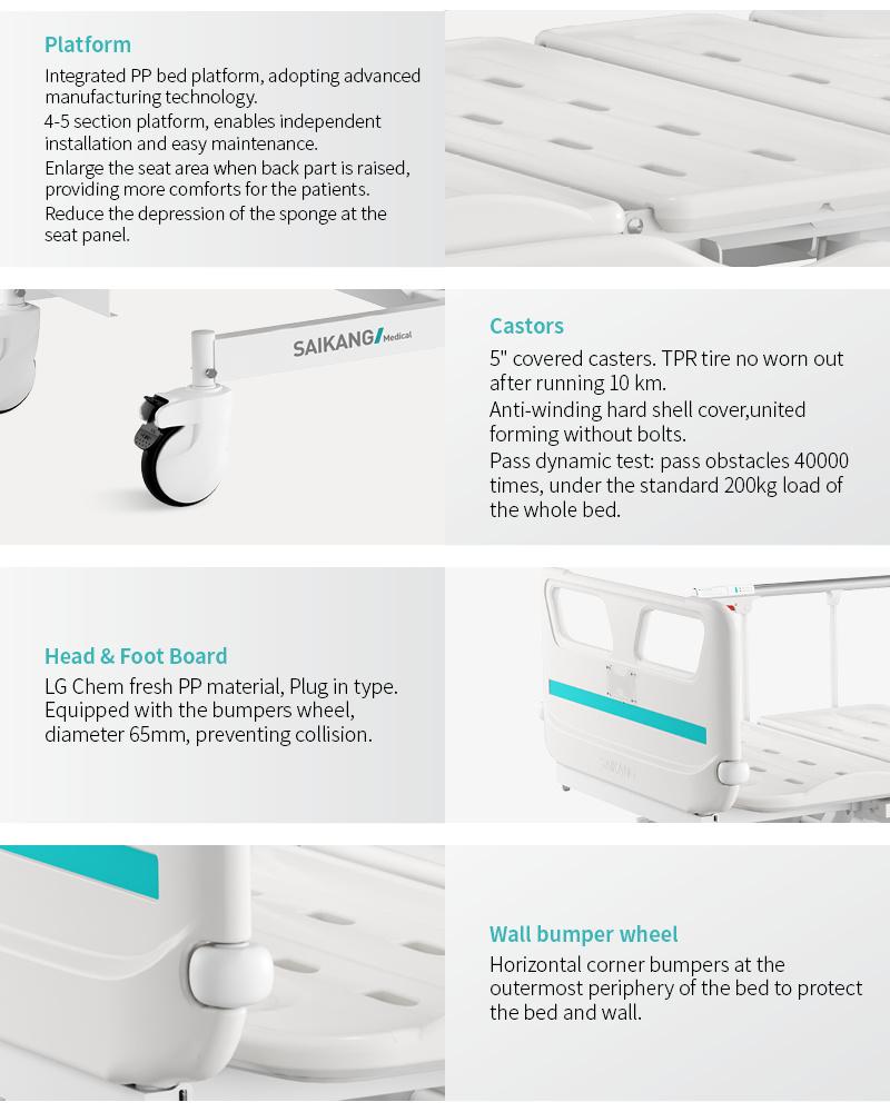 V4w5c Saikang Movable Stainless Steel Siderails 4 Cranks 5 Function Metal Medical Manual Hospital Bed with Infusion Pole