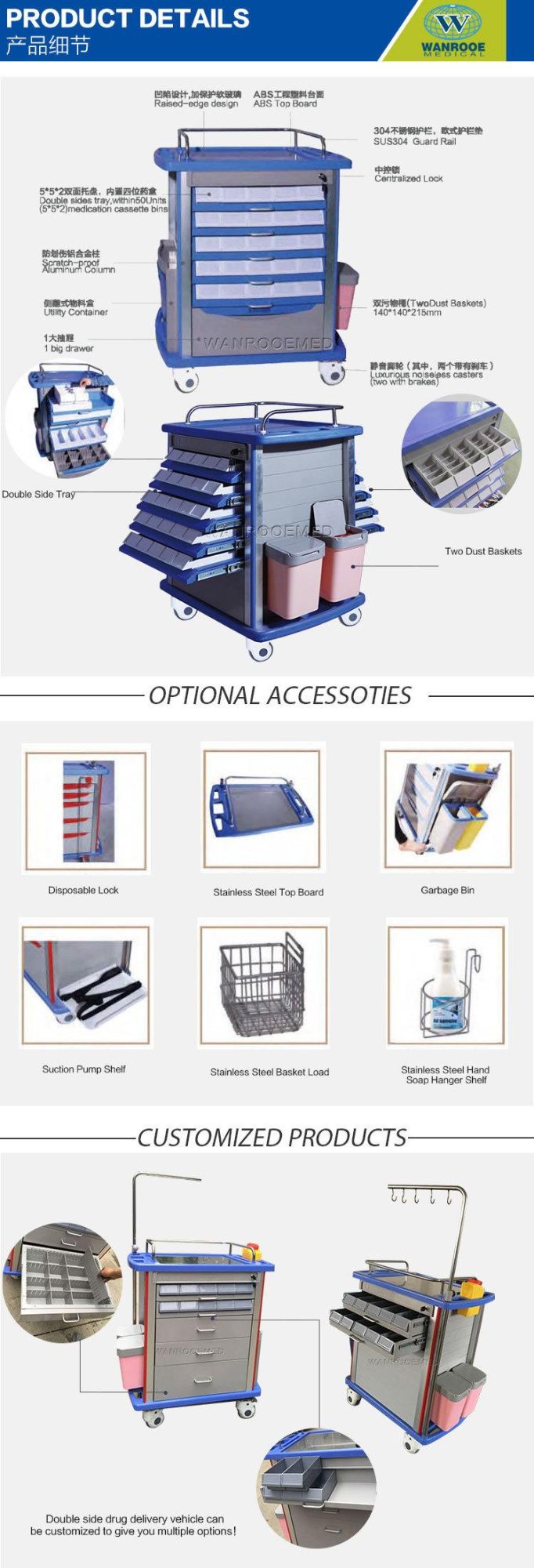 Bmt-01 Hospital Double Side ABS Medical Drag Emergency Infusion Medication Trolley 