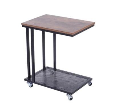 Mobile Sofa Side End Coffee Table Coffee Table Laptop Stand Metal Frame Rolling Castors Storage Wooden Trolley