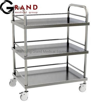 High Quality 304 Stainless Steel International Standard Medical Hospital Cart Instrument Trolley with Brushed Stainless Steel Plate