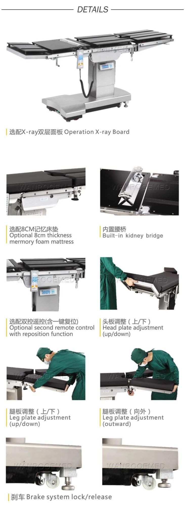 Hospital Surgical Electric Hydraulic Neurosurgery Operation Table with C-Arm Compatible Table Top