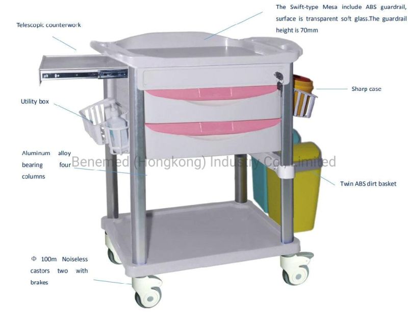 ABS Plastic Hospital Medical Emergency Resuscitation Trolley Treatment Cart with Drawers Wheels