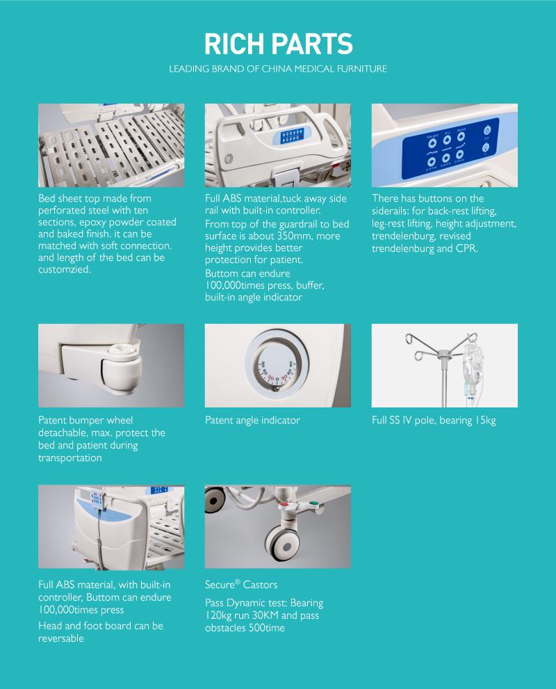 Sk001-15 Specifications of Hospita Automatic Electric 5 Functions Bed with Casters Manufacturer