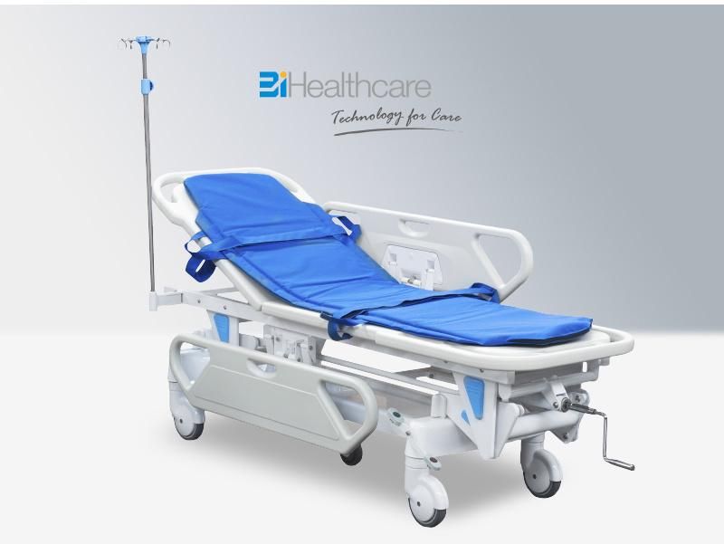 Manual Hospital Used ABS Patient Transfer Trolley for Emergency Room with Mattress and IV Pole