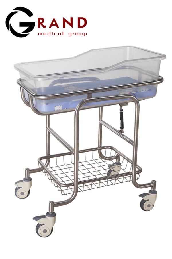 B9 Pure Stainless Steel Beside Baby Trolley Baby Bed Bassinet Cart Mobile Infant Cot with Plastic Tray Crib Bed with ABS Plastic Tray
