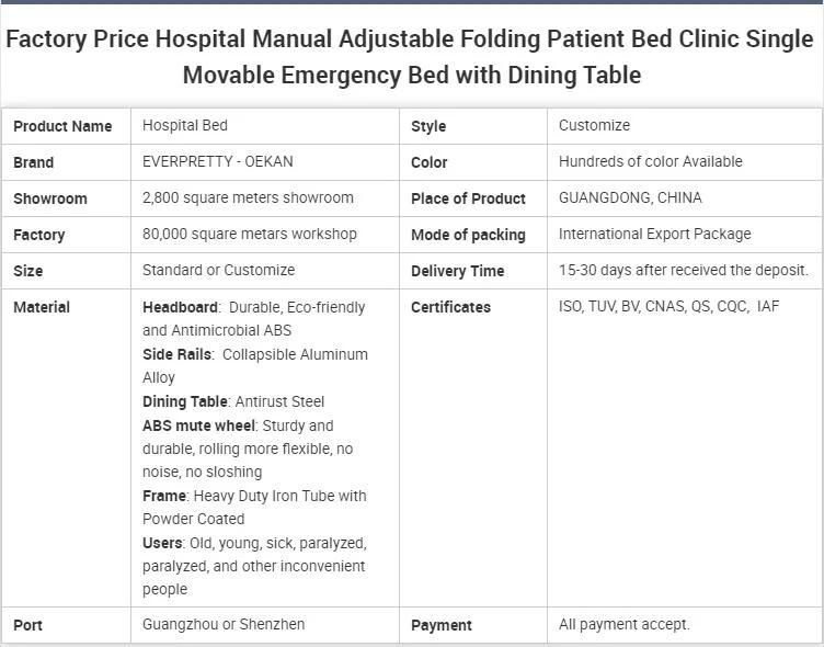 Factory Price Hospital Manual Adjustable Folding Patient Bed Clinic Single Movable Emergency Bed with Dining Table