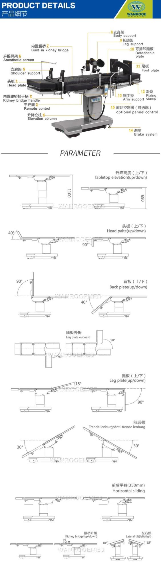Aot700 Hospital Medical Equipment Electric-Hydraulic Surgical Operating Table