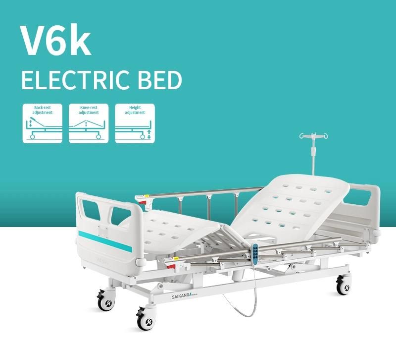 V6K5c Saikang Aluminum Siderails 3 Function Foldable Electric Hospital Clinic Patient Medical Bed with Wheels