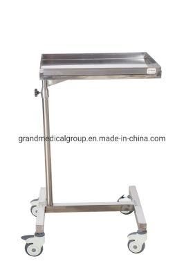 Hospital Equipment Stainless Steel Square Tray Support with Single Rod Medical Mayo Trolley Adjustable Beside Bed Table