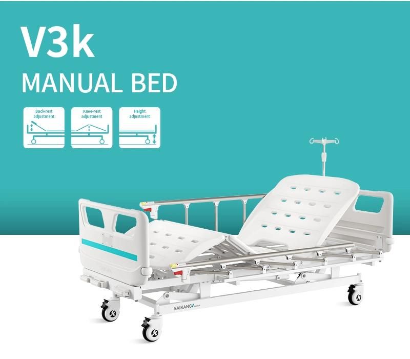 V3K5c Saikang Aluminum Siderails 3 Function Adjustable Manual Medical Clinic Hospital Bed with Infusion Pole