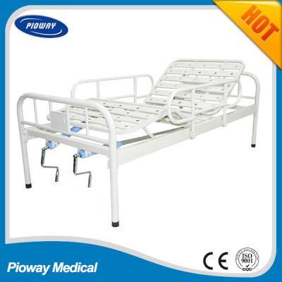 Powder Coated Hospital Bed, One or Two Crank Manual Patient Bed, Mattress, Castor, IV Pole, Dinner Table, Guardrail Optional (PW-B03)